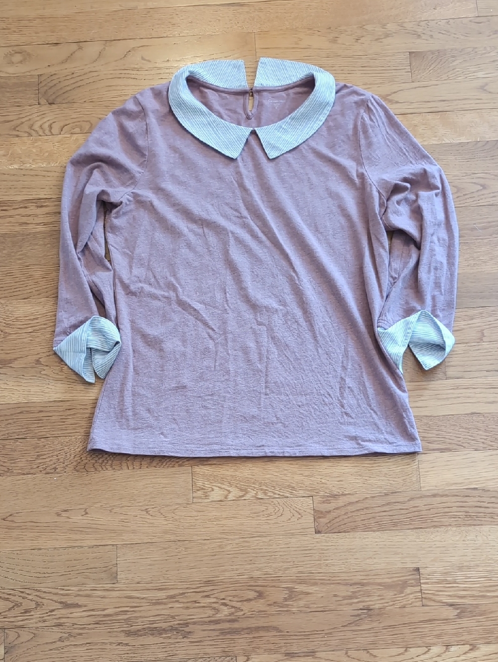 Garnet Hill Dusty Mauve Long Sleeve Tee with Striped Collar